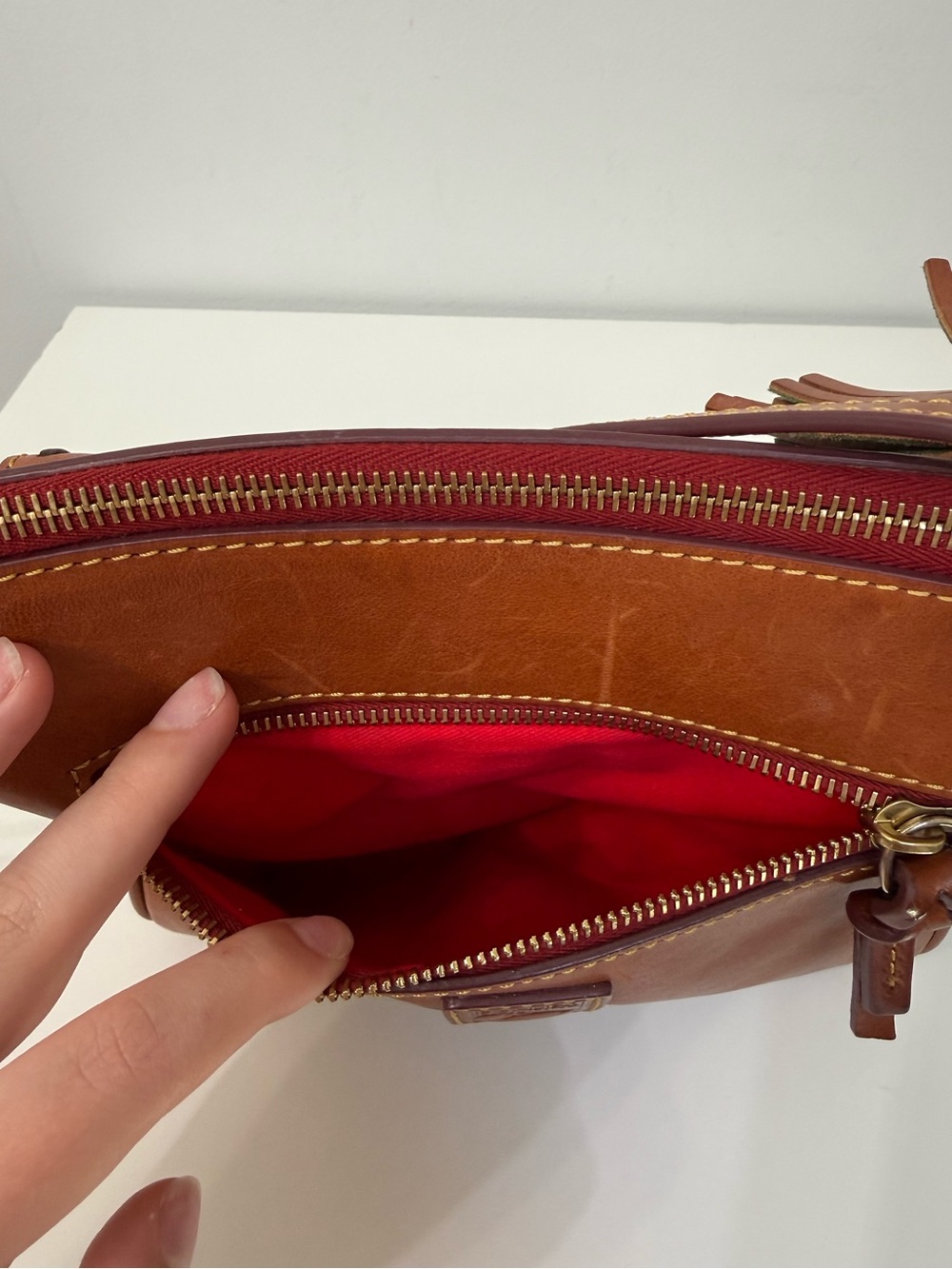 Dooney & Bourke Florentine Pocket Crossbody Brown Cognac Distressed Leather - Picture 10 of 16